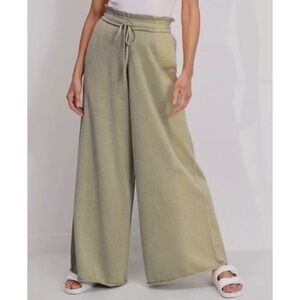 Lunya Cozy Cotton Silk Relaxed Wide Leg Drawstring Pants Light Green/Tan